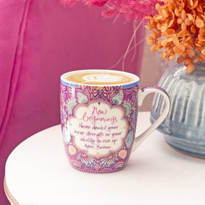Australian Adèle Basheer motivational quote coffee mug. Embellished with real gold and purple and blue hand drawn illustrations. 
