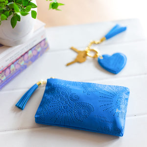 Intrinsic matching essential blue coin and phone purse and blue heart shaped tassel keychain - blue vegan leather-  designed in South Australia 