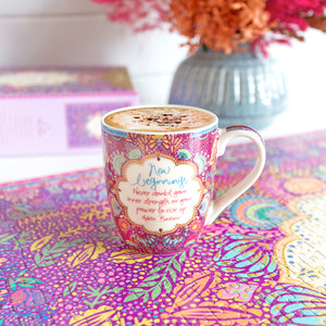 Intrinsic New Beginnings purple ceramic coffee mug with inspirational message by Adèle Basheer 