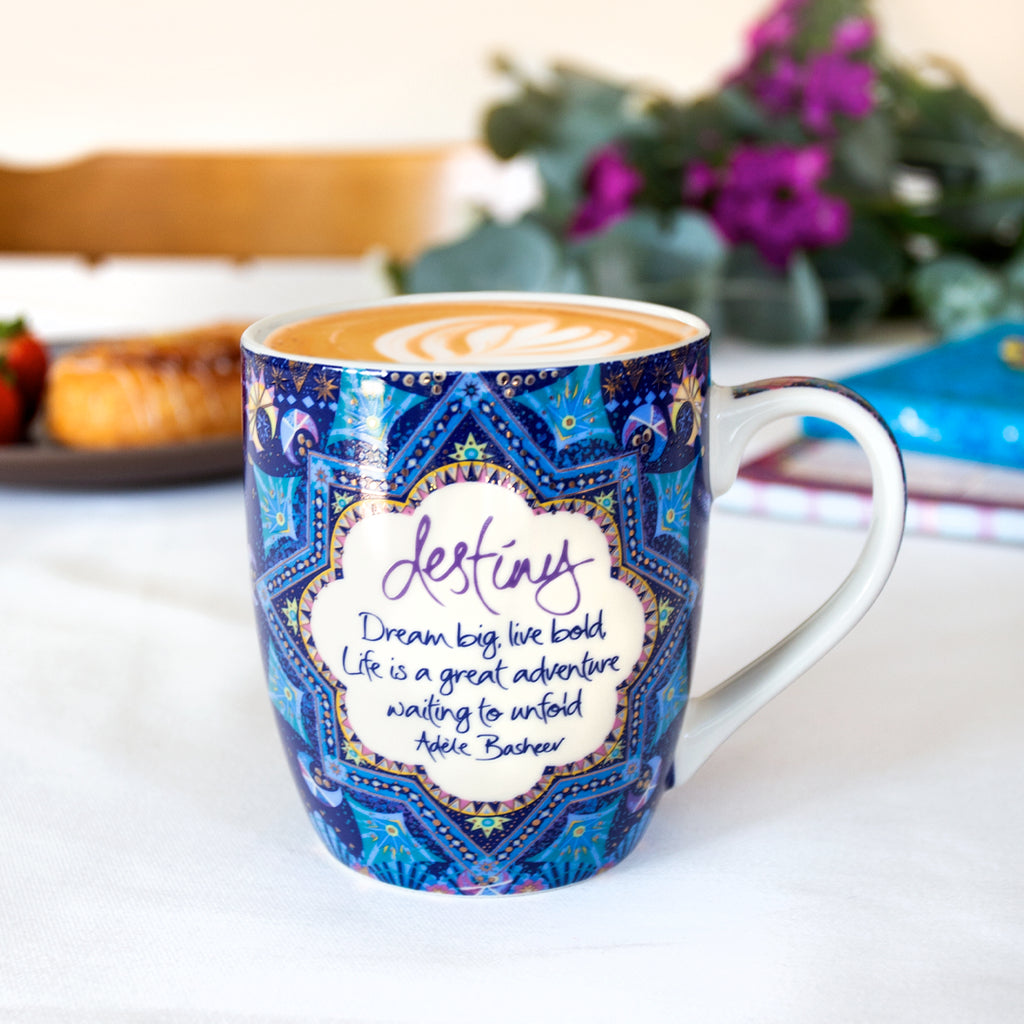 Adèle Basheer inspirational ceramics. Gift boxed ceramic mug - Starry print with gold foiling and inspirational message 