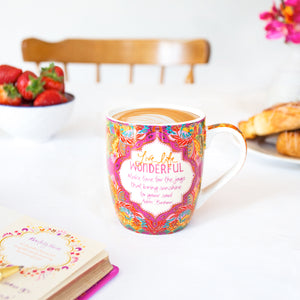 Inspirational Ceramic ‘Live Life Wonderful’ Coffee Mug- colourful mu with gold foiling with motivational message