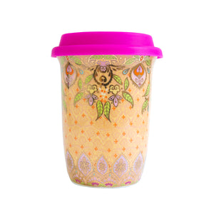 Intrinsic Mumma Love Travel Keep Cup. Double wall reusable ceramic mug with multicolour pastel boho design and real gold foiling. Featuring beautiful mum message by Adèle Basheer