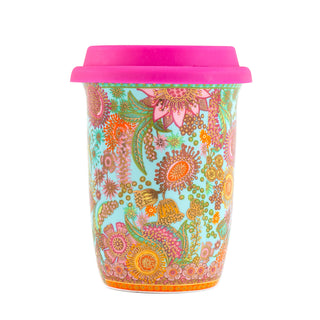 Intrinsic Ceramic Travel Cup with multi-colour Australian native flowers, gold foiling and hot pink silicone lid. 