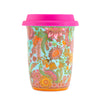 Intrinsic Ceramic Travel Cup with multi-colour Australian native flowers, gold foiling and hot pink silicone lid. 