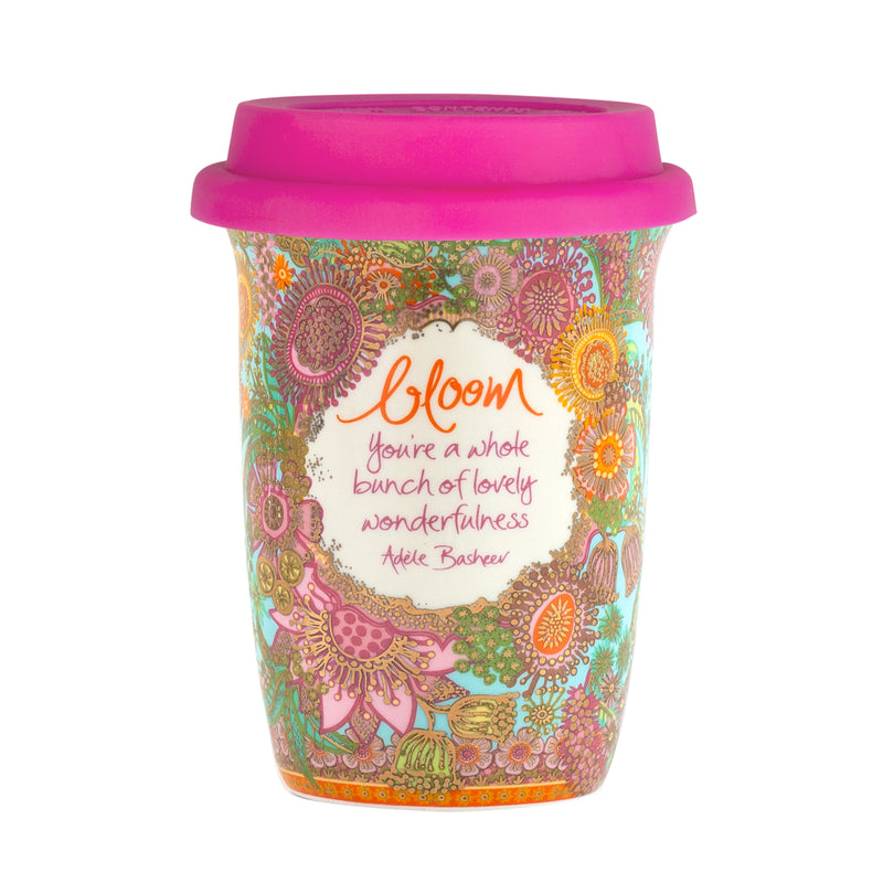 Intrinsic Ceramic Travel Cup with multi-colour Australian native flowers, gold foiling and hot pink silicone lid. 