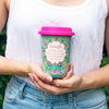 Reusable ceramic coffee mug for travel, camping, takeaway coffee and outdoor activities. Gift for hard times, recovery, breakup and birthday. Pastel turquoise print with gold foiling. Designed in South Australia