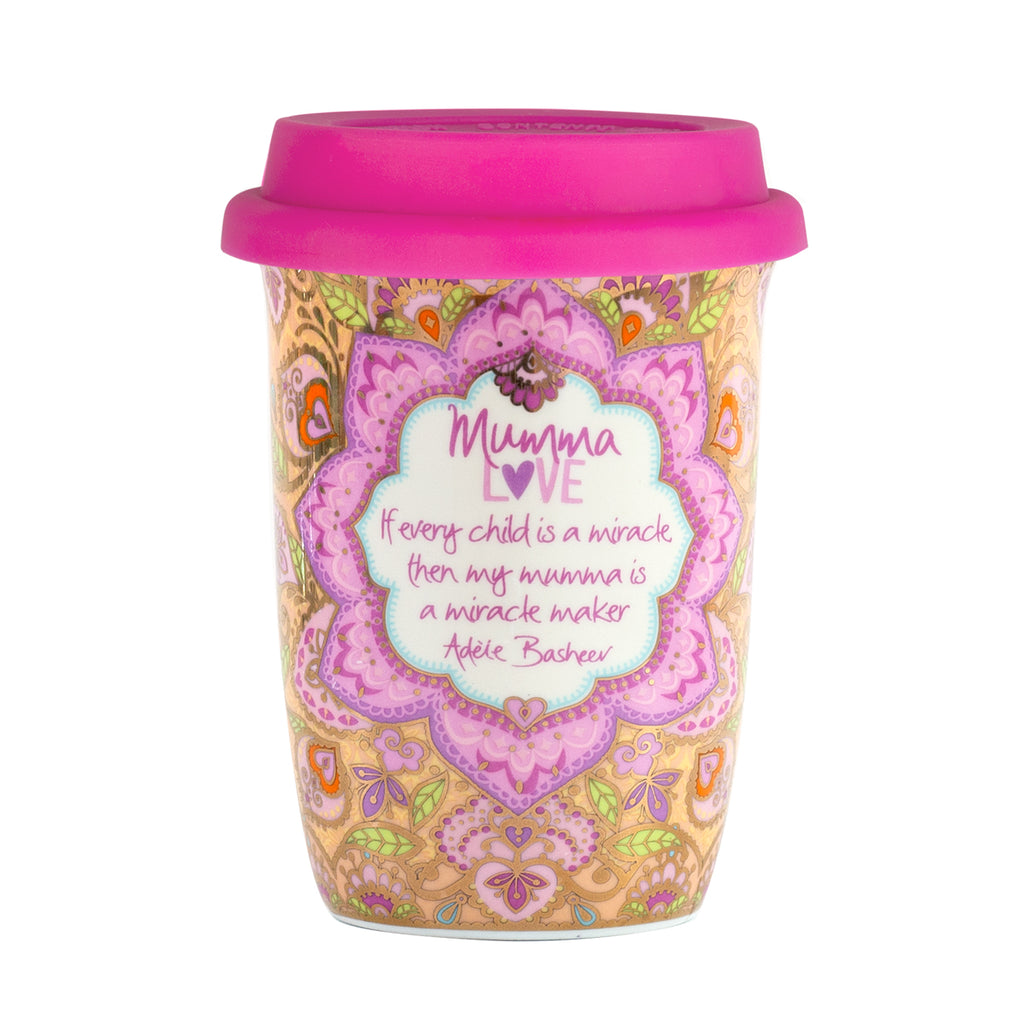 Gift Boxed Mumma Love Ceramic Travel Cup with pink, yellow and gold boho pattern.  Reusable cup for mum, mother, mom, mummy and Mumma. Designed in South Australia with heartfelt mumma love message 