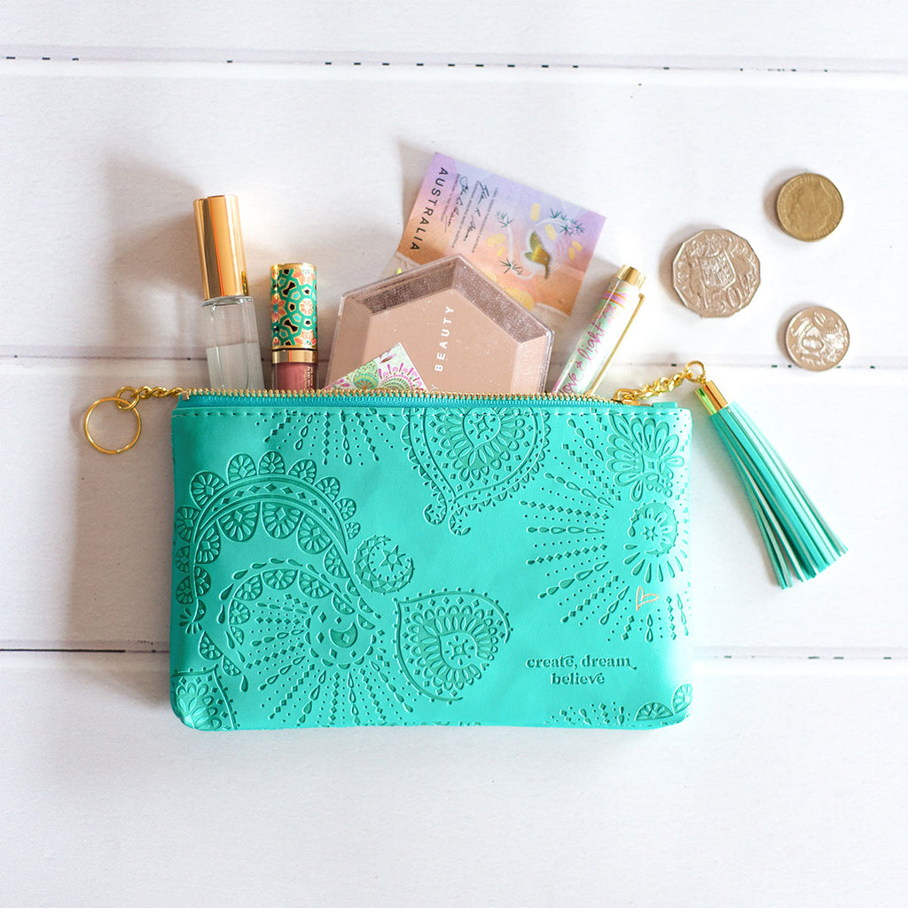 Adele Basheer Intrinsic vegan leather turquoise coin purse - small lightweight turquoise blue female wallet, mini aqua makeup bag, small turquoise blue pencil case 