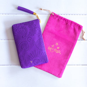 Adele Basheer Intrinsic violet purple vegan leather coin purse with velour pink pouch - boho print violet purple purse 