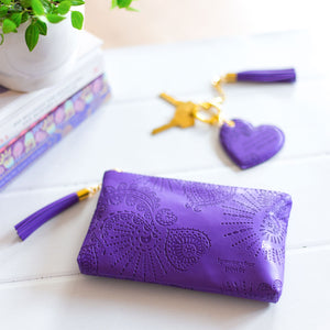 Intrinsic matching essential violet purple coin and phone purse and violet purple heart shaped tassel keychain - violet purple vegan leather -  designed in South Australia 