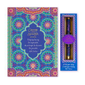 Intrinsic Colourful Journaling Starter Gift Pack Bundle - Gift Wrapped Blue Guided Courage and Strength Journal with inspirational quotes and matching pen - Gifts for journaler  