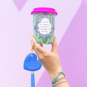 Bright coloured blue key holder with vegan leather floral pattern and ocean blue tassel. Featuring heartfelt quote by Adèle Basheer.