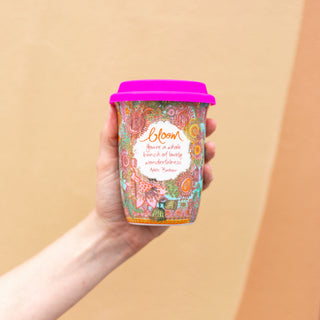 Outdoor gardening cup for coffee, tea and smoothies. Double wall ceramic reusable cup with floral design and gold foil. 