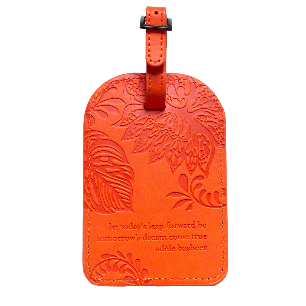 Intrinsic Tangelo Orange Luggage Tag with positive travel quote