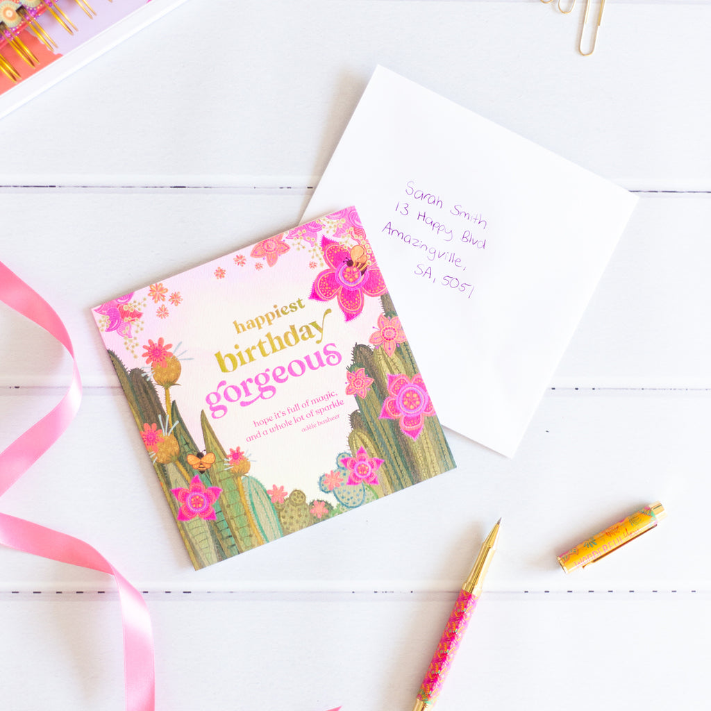 ‘Happiest Birthday Gorgeous’ Adèle Basheer Quote Greeting Card with heartfelt birthday message - Blank inside, pink and green cover with flowers and bee - Made in South Australia - Birthday card for family, friend, Mum, Sister, Aunt, Girlfriend