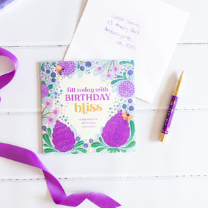 Birthday Bliss Adèle Basheer Quote Greeting Card with heartfelt birthday message - Blank inside, blue and purple cover with flowers and bee - Made in South Australia - Birthday card for family, friend, Mum, Sister, Aunt, Girlfriend