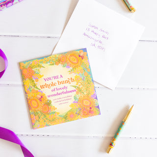 Adèle Basheer Quote all occasion Greeting Card with heartfelt friendship message - Blank inside, colourful yellow and orange cover with flowers and bee - Made in South Australia 