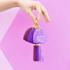 Perfect small gift for friends and family. Bright coloured Pantone colour of the year lilac heart shaped key holder with vegan leather floral pattern and lilac purple tassel. Featuring heartfelt quote by Adèle Basheer.