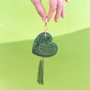 Love heart shaped vegan leather khaki camo green key ring with short inspirational quote. Key holder for house keys, car key, backpack, purse, school bag, gym bag, colour code spare key, shed key, key fob and USB.  