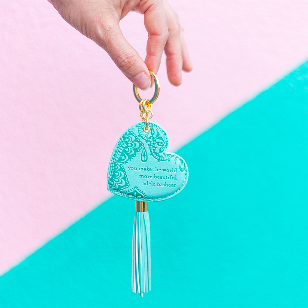 Motivational quote aqua turquoise blue key chain with gold tassel. Easy to find keys, decorate handbag or schoolbag, on the go inspirational accessory. Designed in South Australia. Gift Boxed. 