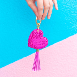 Motivational quote hot magenta pink key chain with gold tassel. Easy to find keys, decorate handbag or schoolbag, on the go inspirational accessory. Designed in South Australia. Gift Boxed. 