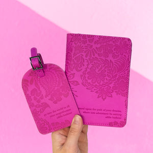 Intrinsic Luxe Faux Leather Travel Accessories with Inspirational Quotes- Bright Pink Magenta Luggage Tag, Hot Pink Magenta Passport Holder