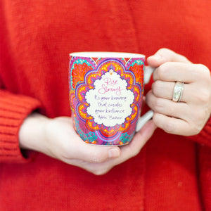 Intrinsic Rise Strong Ceramic Coffee Mug and teacup with red boho pattern and inspirational quote 