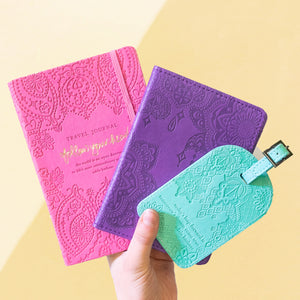 Intrinsic Luxe Faux Leather Travel Accessories with Inspirational Quotes- turquoise Luggage Tag, pastel pink Travel Journal, violet purple Passport Holder