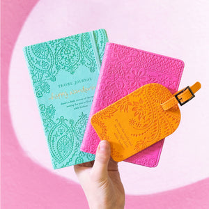 Intrinsic Luxe Faux Leather Travel Accessories with Inspirational Quotes- turquoise aqua Travel Journal, soft pastel pink passport wallet, pastel light orange luggage tag 