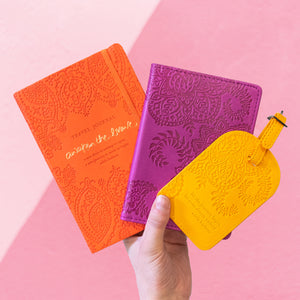 Intrinsic Luxe Faux Leather Travel Accessories with Inspirational Quotes- Bright Orange Travel Journal, plum cherry purple passport wallet, yellow luggage tag 