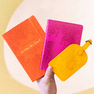 Intrinsic Luxe Faux Leather Travel Accessories with Inspirational Quotes- Marigold yellow Luggage Tag, dark orange Travel Journal, bright pink magenta Passport Holder