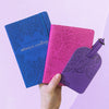 Intrinsic Luxe Faux Leather Travel Accessories with Inspirational Quotes- Dark Royal Blue Travel Journal, Magenta pink passport wallet, violet purple luggage tag 