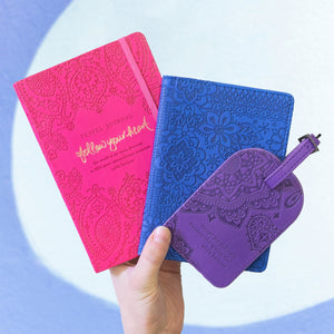 Intrinsic Luxe Faux Leather Travel Accessories with Inspirational Quotes- bright magenta pink Travel Journal, dark royal blue passport wallet, violet purple luggage tag 