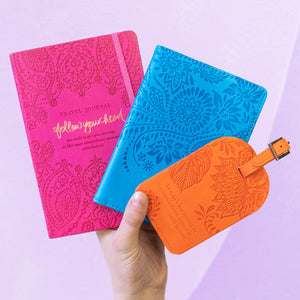 Intrinsic Luxe Faux Leather Travel Accessories with Inspirational Quotes- bright orange Luggage Tag, bright pink magenta Travel Journal, bright blue Passport Holder