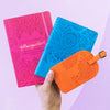 Intrinsic Luxe Faux Leather Travel Accessories with Inspirational Quotes- bright orange Luggage Tag, bright pink magenta Travel Journal, bright blue Passport Holder