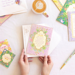 Intrinsic ‘Healing Thoughts' themed sympathy greeting card with envelope. Colourful hand illustrated condolence card with gold foil and inspirational quote on cover by Adele Basheer for strength. Unique comforting greeting card for loved ones experiencing for grief, death, loss and illness.