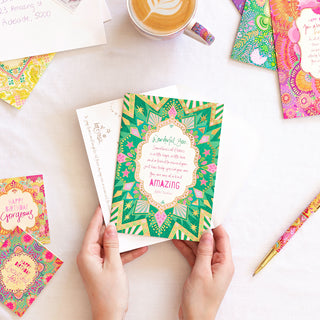 Intrinsic ‘Wonderful you’ thank you friendship greeting card with envelope. Unique colourful thank you friend card with gold foil and inspirational quote on cover by Adele Basheer. Greeting card for a special friend and best friend. 