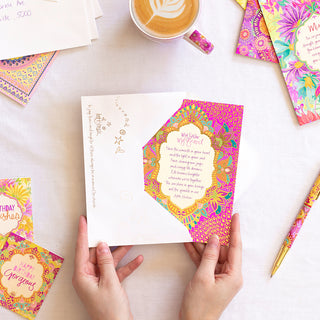 Intrinsic My sister my friend greeting card with envelope. Unique colourful sister family card with gold foil and inspirational quote on cover by Adele Basheer. Greeting card for sisters birthday or special event.