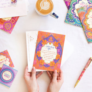 Intrinsic 'Celebrating You’ celebration themed greeting card with envelope. Unique colourful congratulations card with gold foil and inspirational quote on cover by Adele Basheer. Greeting card for someone who just graduated, house-warming greeting card, birthday card. 