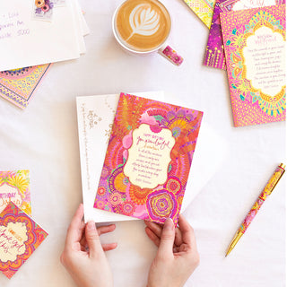 Intrinsic ‘Happy Birthday You Wonderful Human' themed birthday and special occasion greeting card with envelope. Colourful hand illustrated love and celebration card with gold foil and inspirational quote on cover by Adele Basheer. Unique greeting card for someone special celebrating friendship, a milestone or birthday. 