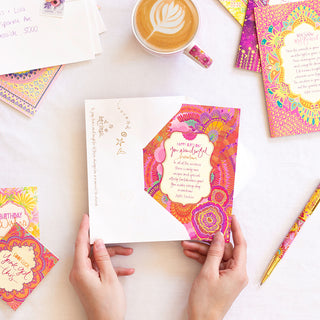 Intrinsic gold foiled beautiful greeting card for special occasions. Green, pink, purple and gold foil heartfelt greeting card with Australian floral design and blank inside. Uplifting greeting card for a loved one celebrating friendship, a milestone, birthday or anniversary. 