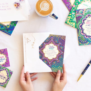 Intrinsic gold foiled beautiful joyful greeting card for all occasions. Blue and green heartfelt greeting card with ethereal starry design and blank inside. Greeting card for someone special, card for someone celebrating a milestone, birthday or new beginnings. 