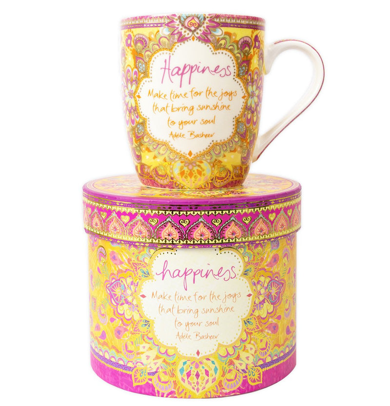 Australian Inspirational Brand Intrinsic happiness ceramic mug with pink, gold and yellow illustrations 