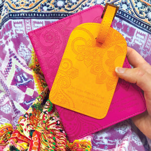 Intrinsic Marigold Yellow Luggage Bag Tag with travel quotes for the perfect travel accessory