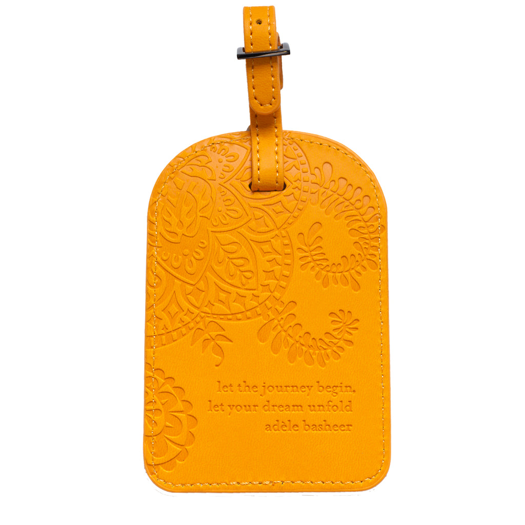 Intrinsic Marigold Yellow Luggage Tag with inspirational Travel Quote in vegan leather